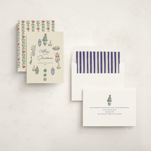 This is a ivory business holiday cards with standard by Sarah Rosenthal called porcelain & spruce printing on signature in standard