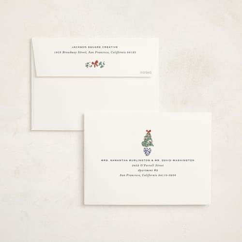 This is a ivory business holiday cards with standard by Sarah Rosenthal called porcelain & spruce printing on signature in standard