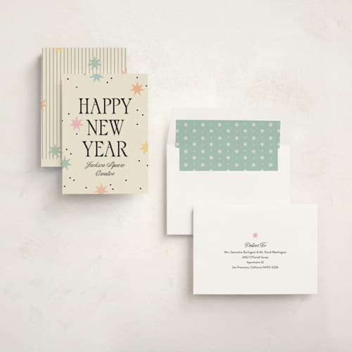 This is a cream business holiday cards with standard by Robert and Stella called new year stars printing on signature in standard