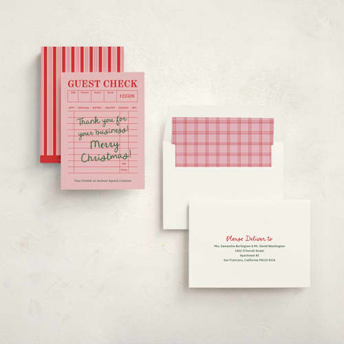 This is a peppermint business holiday cards with standard by Megan Cash called guest check printing on signature in standard