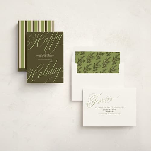 This is a olive business holiday cards with standard by Susan Zinader called stylish script printing on signature in standard