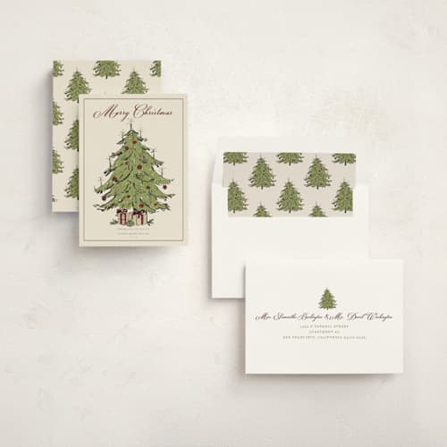 This is a lime business holiday cards with standard by Cass Loh called nostalgic tree printing on signature in standard