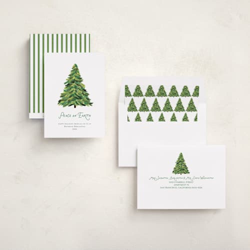 This is a snow business holiday cards with standard by Erika Firm called a peaceful tree printing on signature in standard