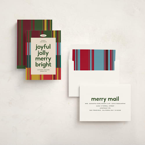 This is a holly business holiday cards with standard by Owl and Toad called vibrant plaid printing on signature in standard