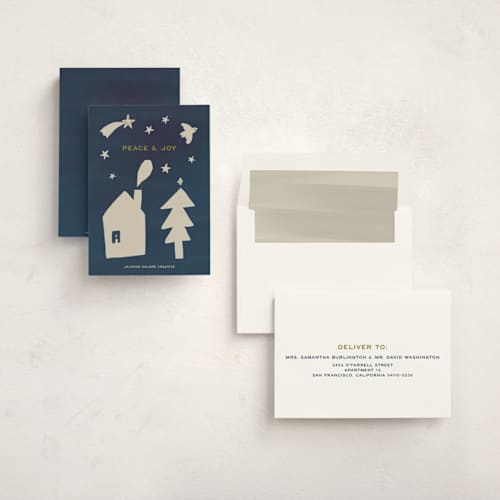 This is a indigo business holiday cards with standard by Ani Somi called winter peace printing on signature in standard