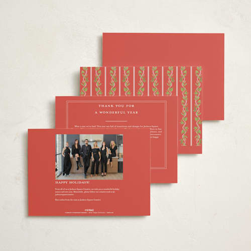 This is a cranberry business holiday cards with standard by Erika Firm called holly ribbon printing on signature in standard