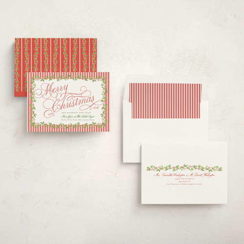 This is a cranberry business holiday cards with standard by Erika Firm called holly ribbon printing on signature in standard