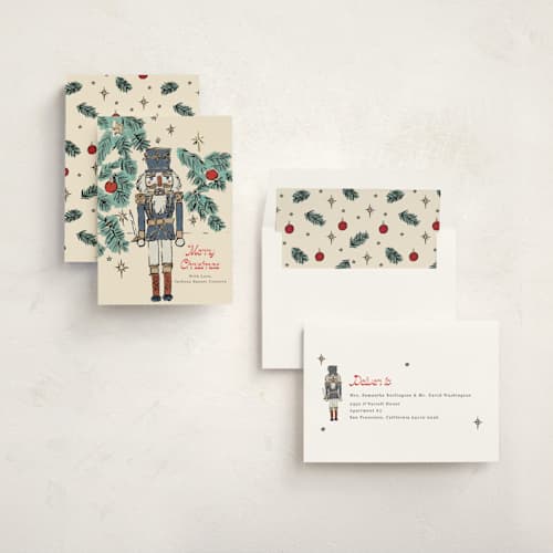 This is a blue spruce business holiday cards with standard by Cass Loh called nutcracker wishes printing on signature in standard