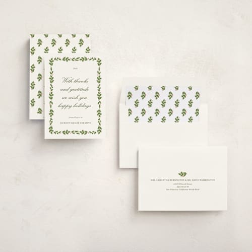 This is a pine business holiday cards with standard by Angela Garrick called greens and gratitude printing on signature in standard