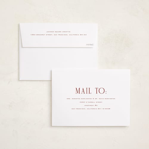 This is a cranberry business holiday cards with standard by Blustery August called cinnamon spice printing on signature in standard