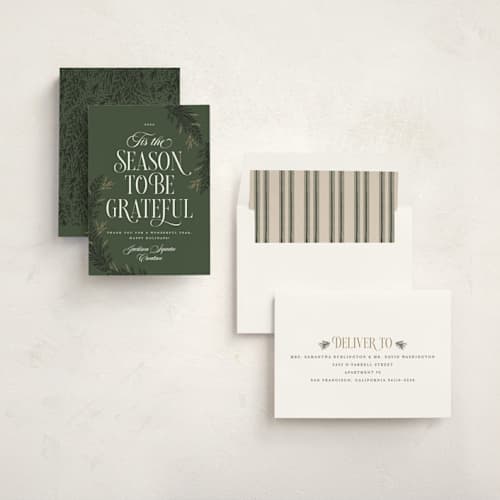 This is a pine business holiday cards with standard by Robert and Stella called gratitude season printing on signature in standard