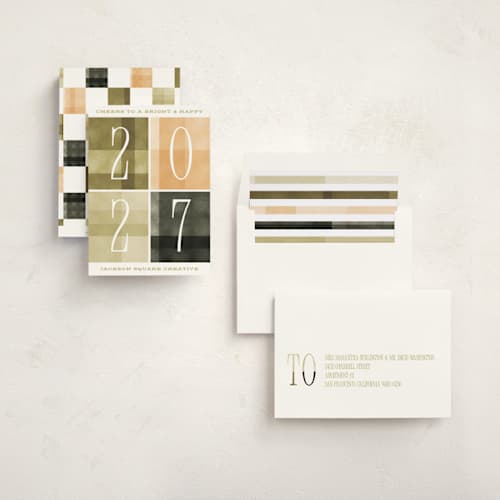 This is a olive business holiday cards with standard by Robert and Stella called bright & happy printing on signature in standard