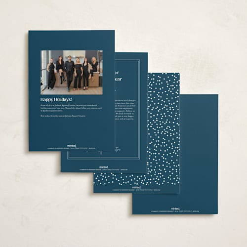 This is a navy business holiday cards with standard by Robert and Stella called happy hills printing on signature in standard