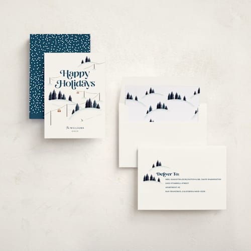 This is a navy business holiday cards with standard by Robert and Stella called happy hills printing on signature in standard