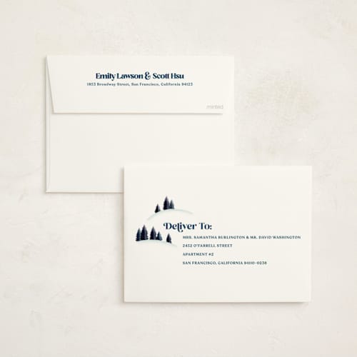 This is a navy business holiday cards with standard by Robert and Stella called happy hills printing on signature in standard
