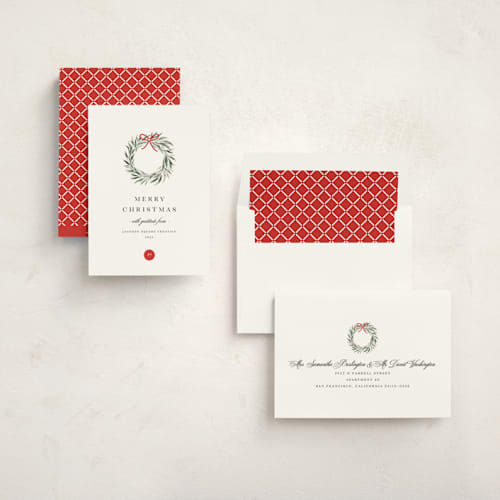 This is a snowfall business holiday cards with standard by Melanie Kosuge called little wreath printing on signature in standard