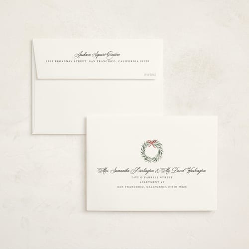 This is a snowfall business holiday cards with standard by Melanie Kosuge called little wreath printing on signature in standard