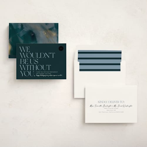 This is a midnight blue business holiday cards with standard by Keen Peachy called wouldn't be us printing on signature in standard