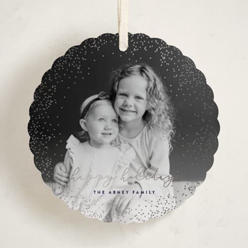 This is a eggplant holiday card ornaments with foil pressed by Sara Hicks Malone called snowdrift printing on recycled smooth signature in ornament