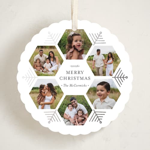 This is a wintermint holiday card ornaments with foil pressed by Beth Schneider called hexagon holiday printing on recycled smooth signature in ornament