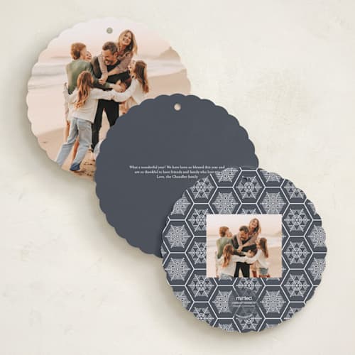 This is a wintermint holiday card ornaments with foil pressed by Beth Schneider called hexagon holiday printing on recycled smooth signature in ornament