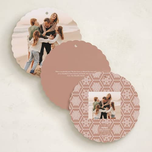 This is a chestnut holiday card ornaments with foil pressed by Beth Schneider called hexagon holiday printing on recycled smooth signature in ornament