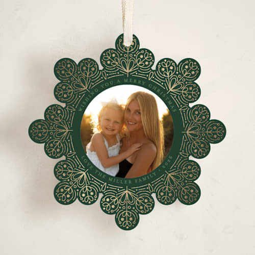 This is a forest holiday card ornaments with foil pressed by Amy Payne called scandinavian snowflake printing on recycled smooth signature in ornament