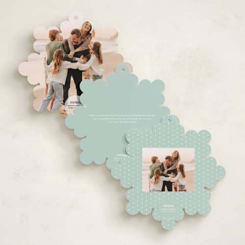 This is a snow holiday card ornaments with foil pressed by Laura Hankins called tinsel wreath printing on recycled smooth signature in ornament