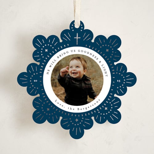 This is a midnight holiday card ornaments with foil pressed by Itsy Belle Studio called cross snowflake printing on recycled smooth signature in ornament