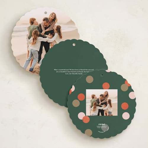 This is a fruitcake holiday card ornaments with foil pressed by Pixel and Hank called happiest dots printing on recycled smooth signature in ornament