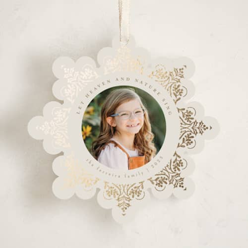 This is a winter holiday card ornaments with foil pressed by Ana de Sousa called heaven&nature printing on recycled smooth signature in ornament