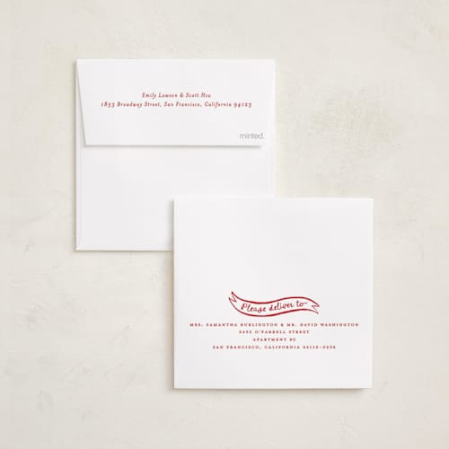 This is a santa suit holiday card ornaments with foil pressed by Pink House Press called bow frame printing on recycled smooth signature in ornament