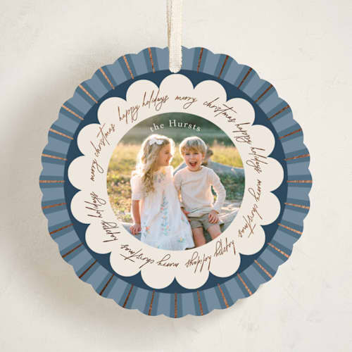 This is a midnight holiday card ornaments with foil pressed by Kelly Williams called scalloped circle printing on recycled smooth signature in ornament