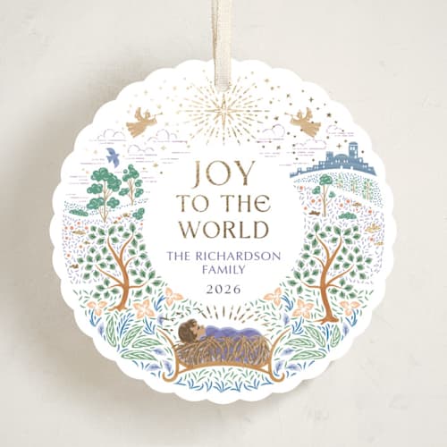 This is a plum holiday card ornaments with foil pressed by Paper Sun Studio called away in a manger printing on signature in ornament