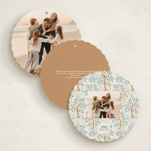 This is a plum holiday card ornaments with foil pressed by Paper Sun Studio called away in a manger printing on signature in ornament