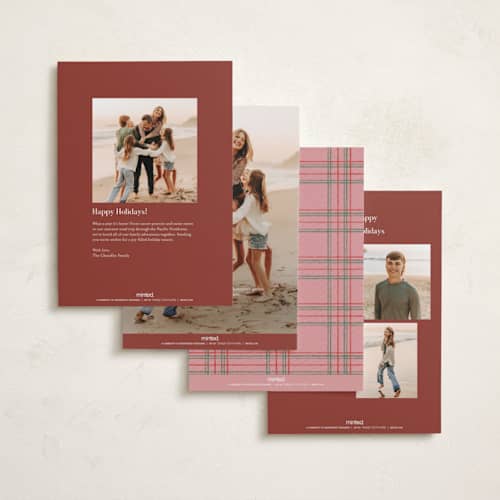 This is a cranberry foil pressed holiday cards with foil pressed by Jen Owens called plaid greetings printing on recycled smooth signature in standard