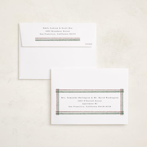 This is a evergreen foil pressed holiday cards with foil pressed by Jen Owens called plaid greetings printing on recycled smooth signature in standard