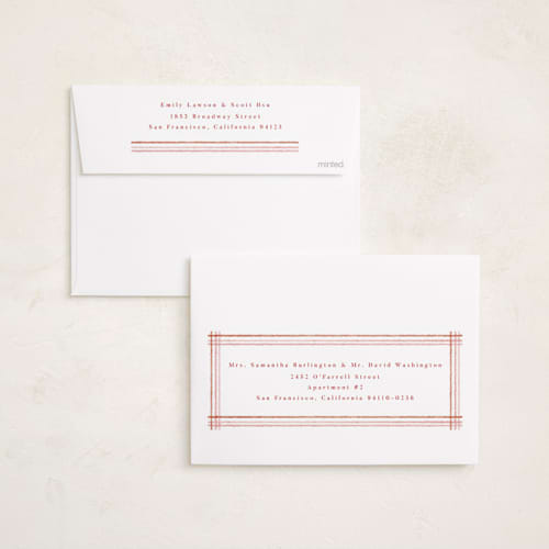 This is a cranberry foil pressed holiday cards with foil pressed by Jen Owens called plaid greetings printing on recycled smooth signature in standard
