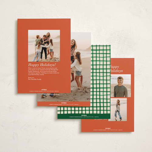This is a persimmon foil pressed holiday cards with foil pressed by Sumak Studio called frames, dots, leaves printing on recycled smooth signature in standard