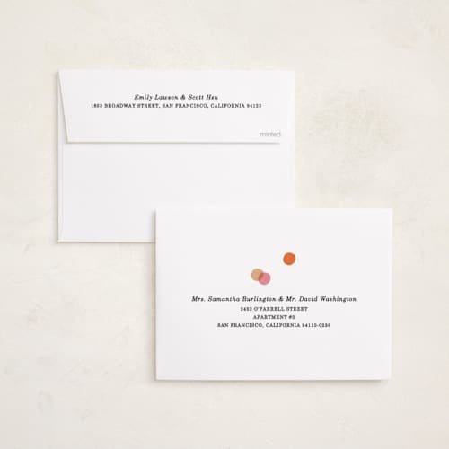 This is a persimmon foil pressed holiday cards with foil pressed by Sumak Studio called frames, dots, leaves printing on recycled smooth signature in standard