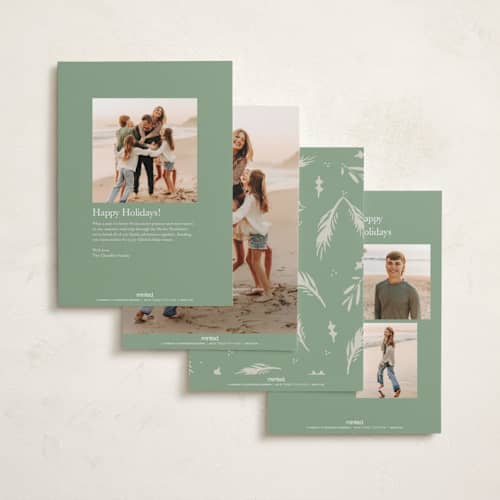 This is a champagne foil pressed holiday cards with foil pressed by Lindsay Megahed called shining tree printing on recycled smooth signature in standard