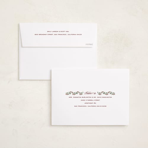 This is a juniper foil pressed holiday cards with foil pressed by Jenna Holcomb called festive vine printing on recycled smooth signature in standard