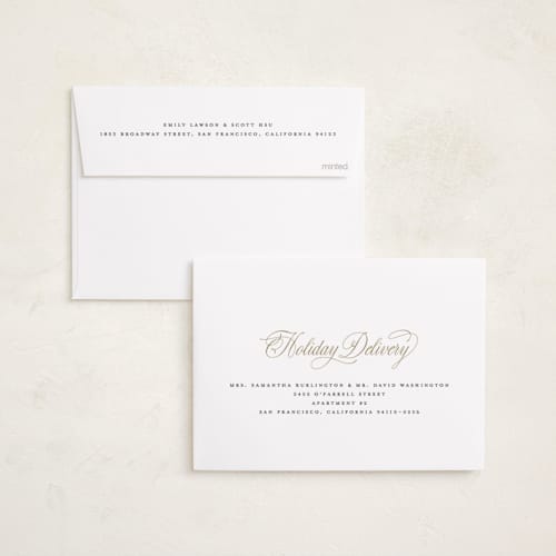This is a marshmallow foil pressed holiday cards with foil pressed by Michelle Taylor called super script printing on recycled smooth signature in standard