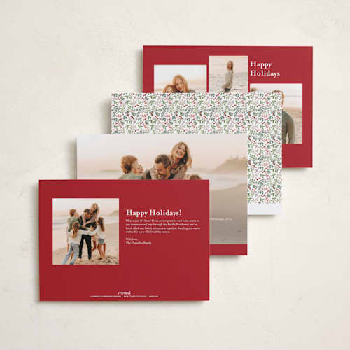 This is a holly berry foil pressed holiday cards with foil pressed by Susan Moyal called holiday ribbon printing on recycled smooth signature in standard