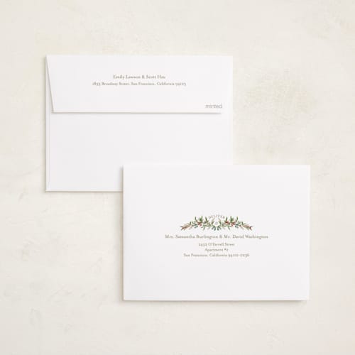 This is a holly berry foil pressed holiday cards with foil pressed by Susan Moyal called holiday ribbon printing on recycled smooth signature in standard