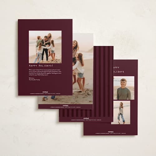 This is a merlot foil pressed holiday cards with foil pressed by Owl and Toad called collage of five printing on recycled smooth signature in standard