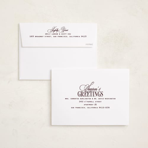 This is a merlot foil pressed holiday cards with foil pressed by Owl and Toad called collage of five printing on recycled smooth signature in standard