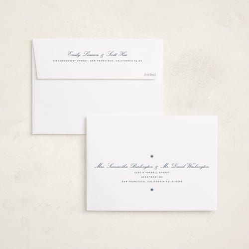This is a slate blue foil pressed holiday cards with foil pressed by Stacey Meacham called dainty corners printing on recycled smooth signature in standard