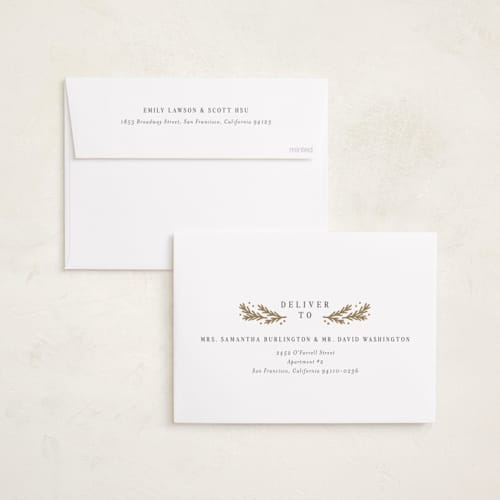 This is a snowball foil pressed holiday cards with foil pressed by Michelle Taylor called gilded greenery printing on recycled smooth signature in standard