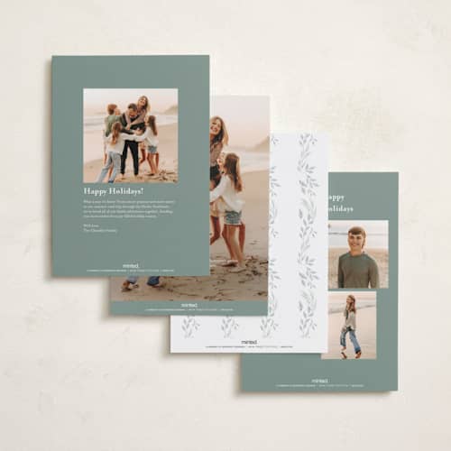 This is a snow foil pressed holiday cards with foil pressed by Rebecca Durflinger called evergreen gallery printing on recycled smooth signature in standard